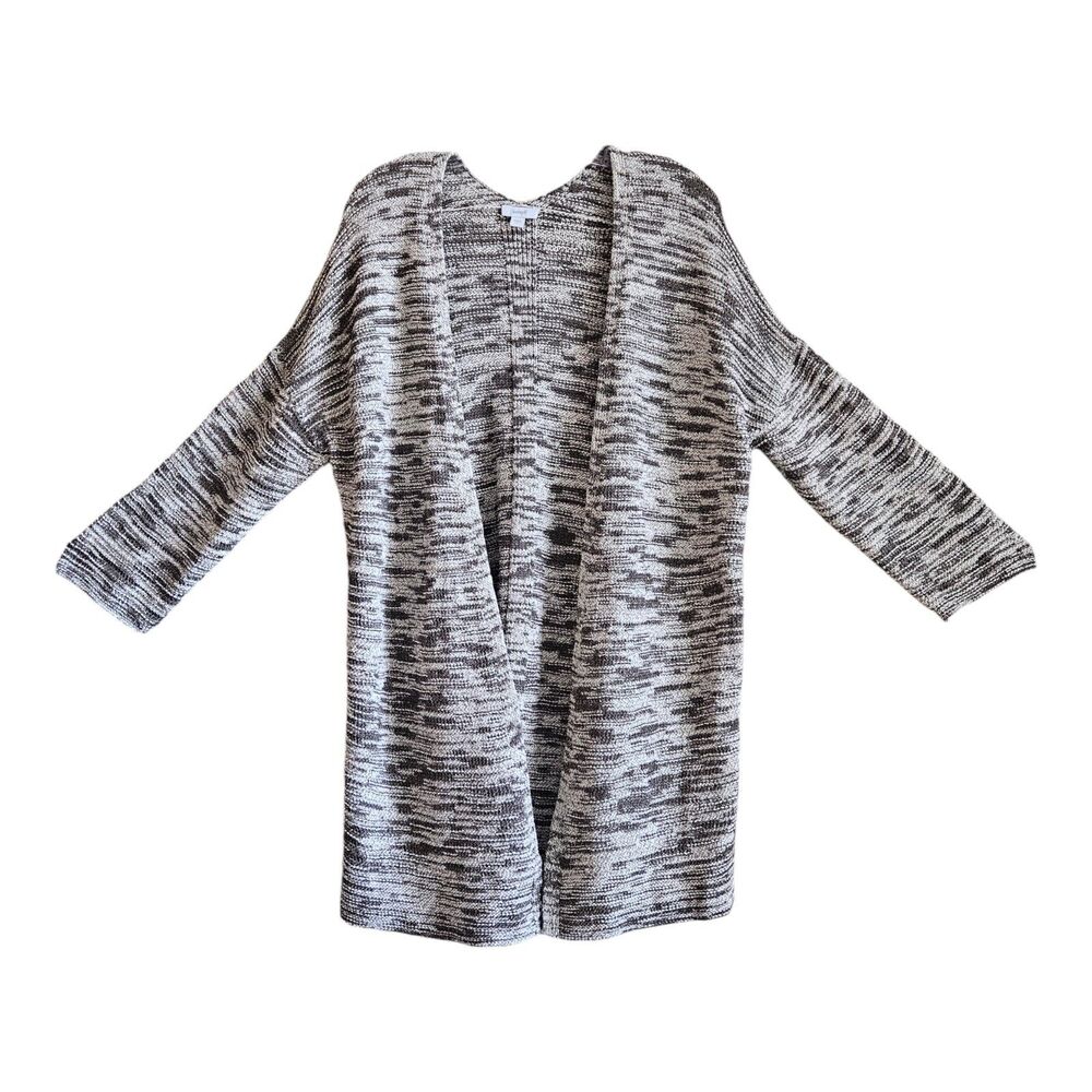 J. JILL Women's L Cardigan Sweater Open Front Taupe Cream Marled 3/4 Sleeve 44"
